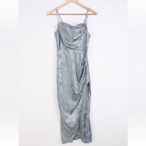 Simply Stunning Slate Blue Satin Floral Jacquard Midi Dress